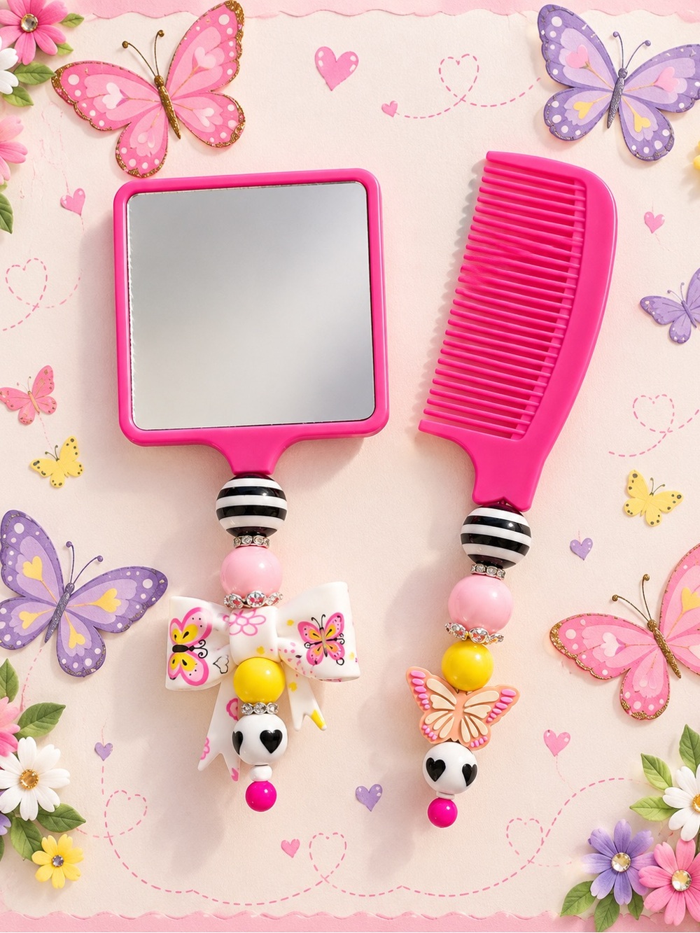 Hand Crafted Bright Pink Butterfly Mirror and Comb Set